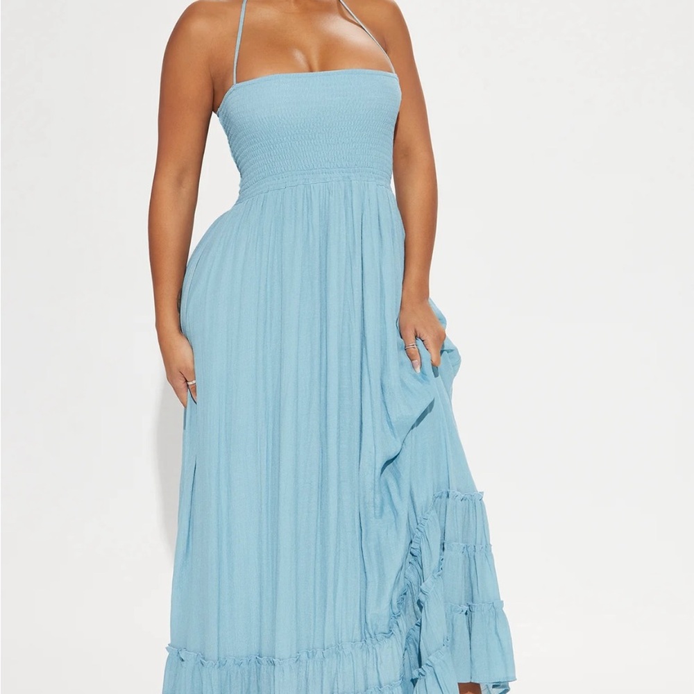 Fashion Nova Sky Blue Halter Backless Dress